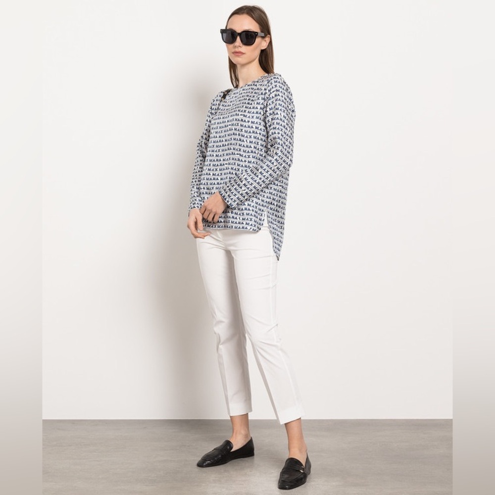 NWT $765 Max Mara Alatri Logo Print High-low Silk Blouse In Bluette